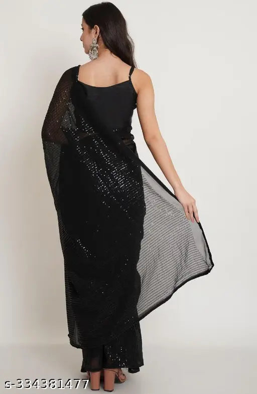 Black Georgette sequin trending saree with separate Art Silk blouse, embellished on mannequin