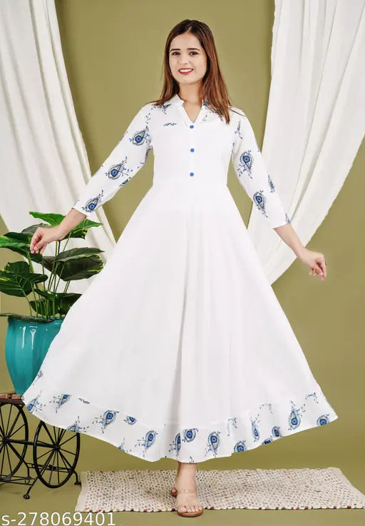 White Viscose Rayon Anarkali Gown with Intricate Print, ideal for special occasions, made in India
