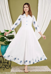 White Anarkali Kurti, rayon, three-quarter sleeves, Sapna kUrti. Elevate your wardrobe with traditional Indian anarkali kurti for women. Ideal for special occasions