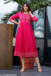 Pink solid rayon Anarkali kurta for women, three-quarter sleeves, flared silhouette, India origin