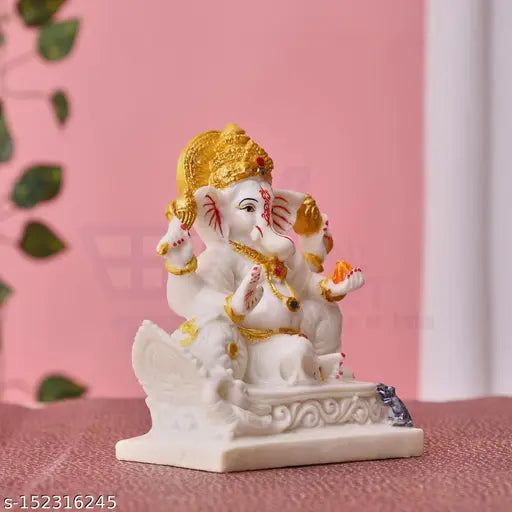 Marble white Ganesh Idol, intricately detailed decorative statue, traditional Indian craftsmanship - 5.5 inch tall