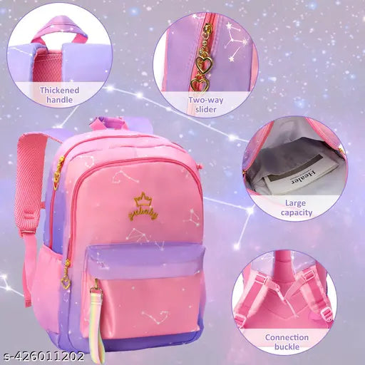 Purple gradient nylon backpack for girls, free size (17x12in), durable design for school use