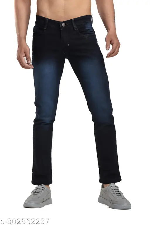 Dark blue slim stretchable jeans for men, dyed/washed denim on hangar, available in sizes 28, 30, and 32 (inches)