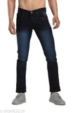 Dark blue slim stretchable jeans for men, dyed/washed denim on hangar, available in sizes 28, 30, and 32 (inches)