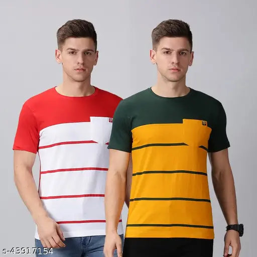 Pure cotton striped men's round neck T-shirt by TFF, featuring fancy pocket design. Soft, comfortable, and perfect for summer wear." (105 characters)