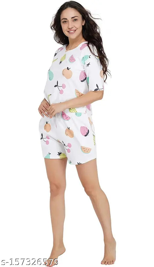 Kanku Creation Baby pink Cotton Blend Night Suit Set, vibrant colors, attractive prints, comfortable to wear, stylish women's nightwear