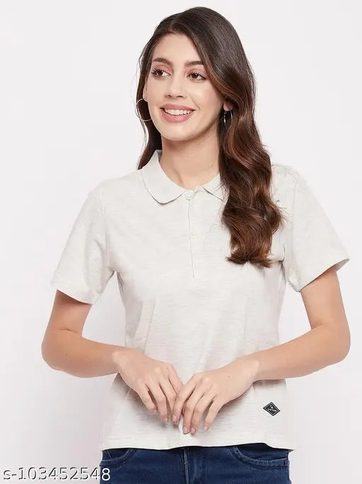 Grey cotton T-shirt, short sleeves, solid pattern by YUYAM - essential women's wear, India origin