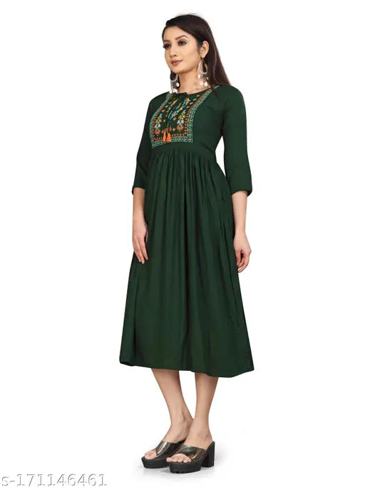 Green embroidered viscose rayon A-line kurta with three-quarter sleeves, perfect for traditional functions and events in India