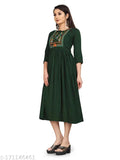 Green embroidered viscose rayon A-line kurta with three-quarter sleeves, perfect for traditional functions and events in India