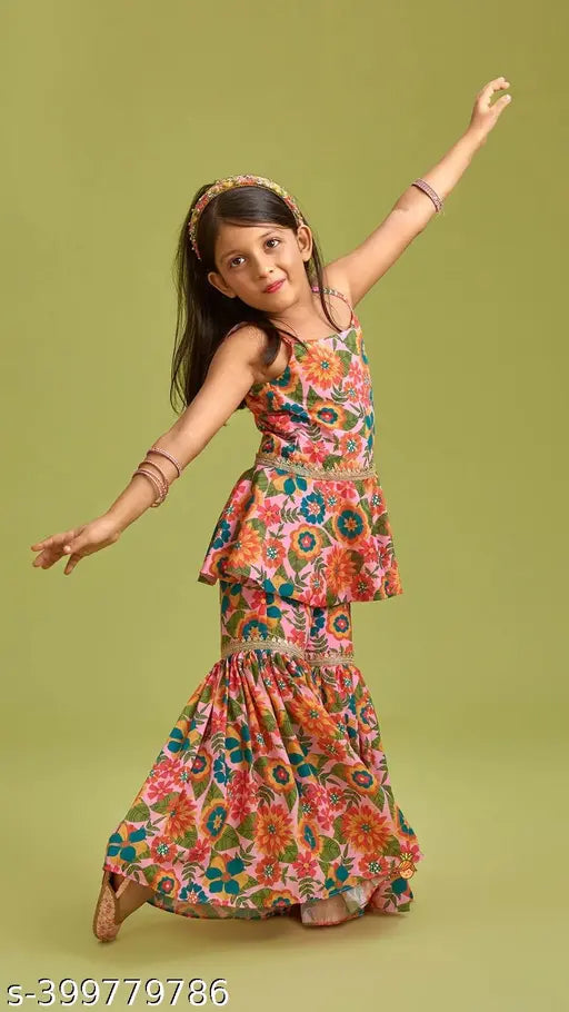 Rayon-cotton sleeveless girls sarara dress, versatile festive wear for kids in 2-9 years sizes. Indian traditional attire for parties, weddings, or special occasions