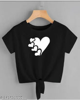 Black lycra crop top with 5 heart printed net sleeves for women, close-up view