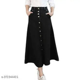 Black denim A-line maxi skirt with side and back pockets, lightweight and breathable, ideal for women's fashion. Designed in solid denim material, home washable, suitable for all body types, and available in various sizes from 26 to 46. Made in India
