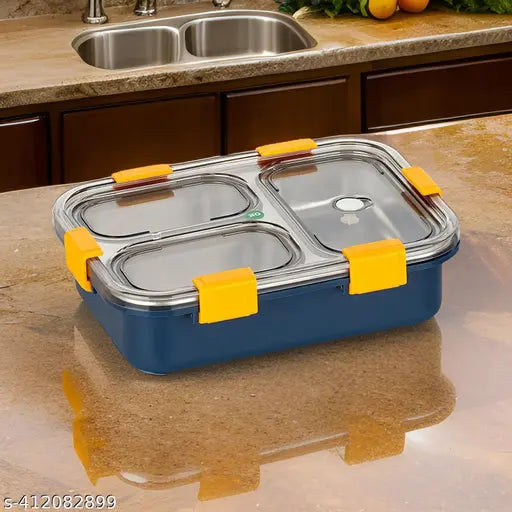 Blue stainless steel lunch box with three compartments, airtight, leak-proof, and insulated for office, school, or travel use, includes steel cutlery