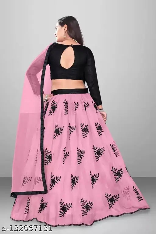 Embroidered art silk semi-stitched lehenga set with net blouse and dupatta, free size, India origin
