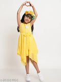 Yellow sleeveless printed net polyester girls festive/wedding dress, suitable for 9-12 months to 15 years, India origin