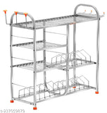 Stainless steel 4-shelf kitchen utensils rack with plate and cutlery stand, 24x24 inches, lower 3-plate design