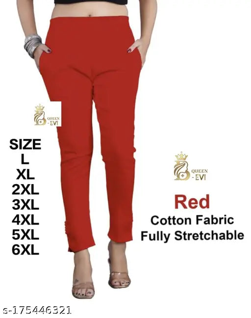 Red cotton lycra cigar pants, solid style for women's casual wear