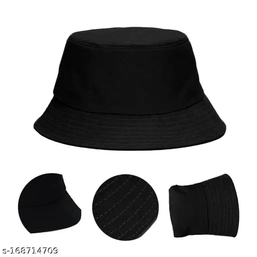 Black reversible beach bucket hat with 100% cotton (solid color) and camouflage pattern, perfect for outdoor activities and travel. Unisex, lightweight, and packable for summer vacations