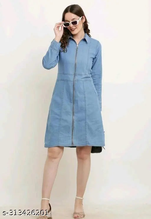 Denim long-sleeved party clothes for girls, solid net design, size S (36in bust, 50in length)