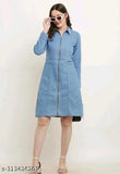 Denim long-sleeved party clothes for girls, solid net design, size S (36in bust, 50in length)