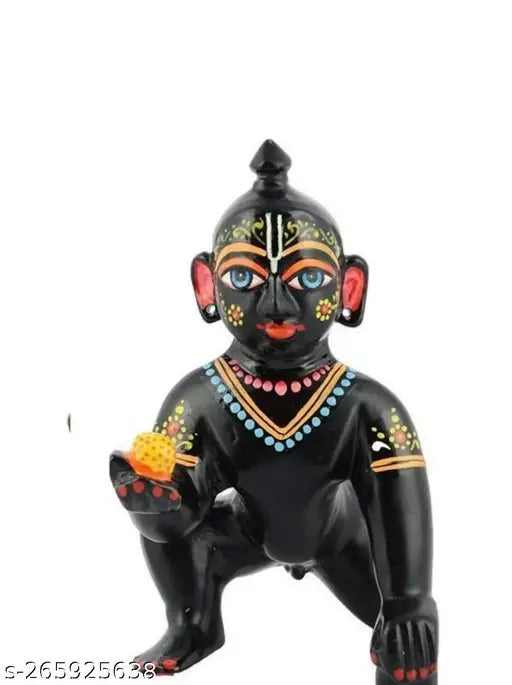 Hand-painted brass Krishna statue, full makeup Laddoo Gopal Ji Shringar idol for pooja decor. Modern design, 8cm x 8cm x 5cm, Indian origin
