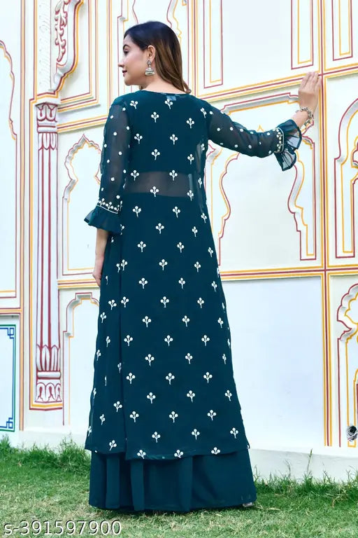 Green Georgette Bollywood-themed Kurta & Jacket Set, trendy round neck kurta with three-quarter sleeves and sharara with elasticated waistband, perfect for special occasions