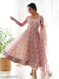 Light pink & white printed georgette Miral Gown, long sleeves, ideal for casual or semi-formal occasions. Made in India