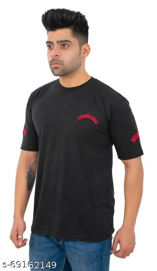 Solid men's cotton round neck half sleeves T-shirt, fashionable commandos pattern for casual wear, made in India