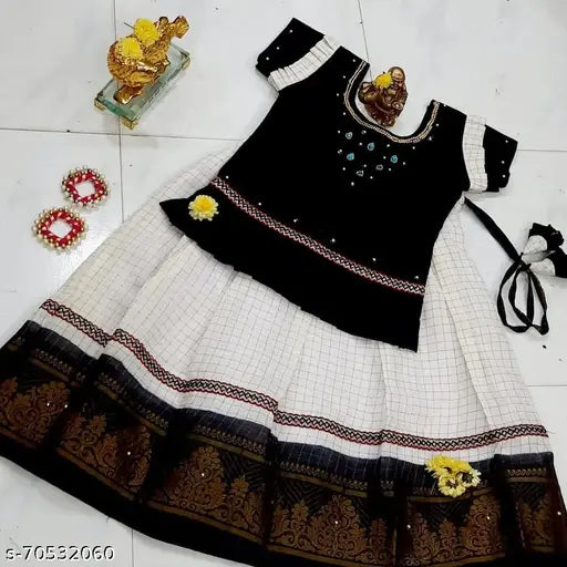 Black-and-white embroidered Chanderi cotton lehenga choli for girls under 7, pure natural fibers
