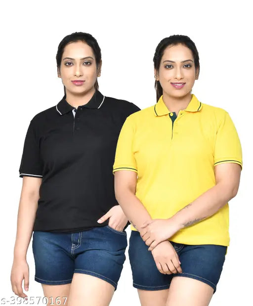 Multicolor women's casual regular fit pure cotton polo t-shirts combo with collar neck and half sleeves, India origin