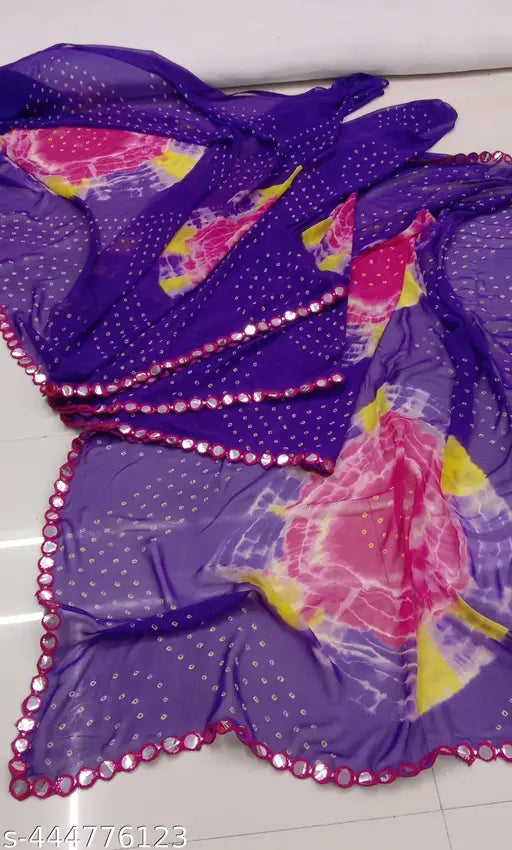 Printed georgette saree for women, daily and party wear. Soft and pure georgette fabric with separate blouse piece in cotton. Traditional ethnic wear with mirror work or cut work design. Indian origin, free size (5.4m saree length, 0.8m blouse length). Diwali special printed saree under 499