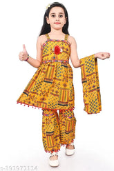 Multicolor cotton blend Rajasthani traditional Palazzo top with matching dupatta (yellow), for kids 18-6 years
