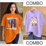 Oversized cotton blend t-shirts for women, printed with net pattern, combo pack of 2