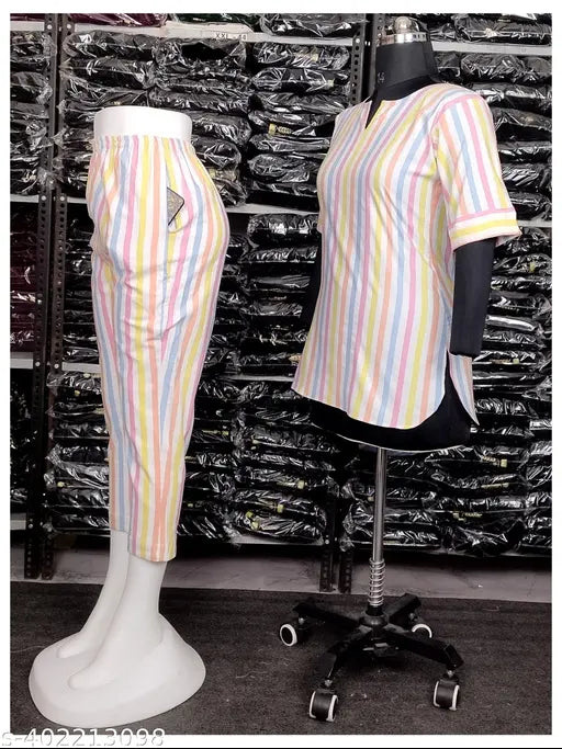 Striped cotton Tannu Trends women's nightsuit with short kurti, notch neck, and dual side pockets - trendy pyjamas for summer nights