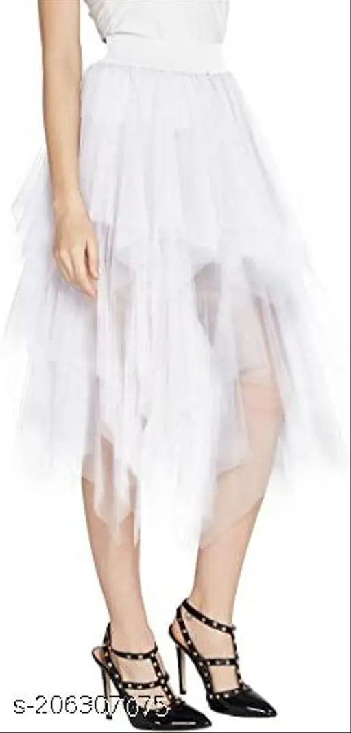 White net ruffle zigzag western skirt, solid pattern, size 28, India origin