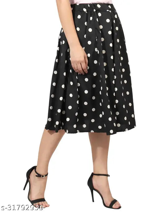 White dot on black base girls knee-length casual wear skirt (polyester, printed net), mid-calf length women's panel skirt in sizes 30, 32, and 34