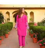 Graceful premium rayon embroidered top & pants coord set, long-sleeve solid design, size S, XL, XXL, XXXL - Indian women's fashion