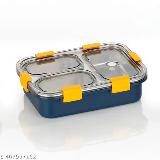 Stainless steel 3-compartment leak-proof BPA-free lunch box with spoon and chopsticks, durable for school or office use, portion control and dishwasher safe