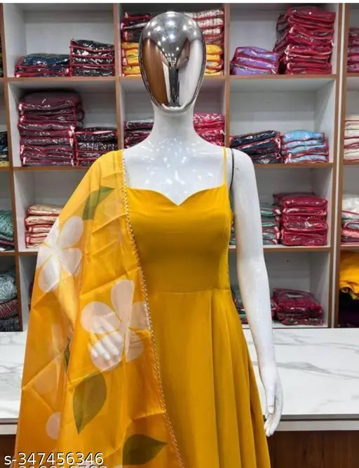 Yellow georgette sleeveless gown, solid net dress with floral design. M size, bust 10in, length 48in. Indian-made fashion apparel
