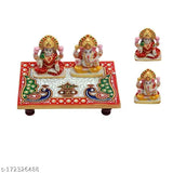 Multicolor Rajasthani Meenakari Marble Ganesh Laxmi Idol Set with peacock design, 14cm x 9cm x 10cm, perfect for Diwali Puja or religious spaces
