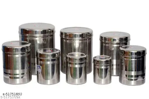 Stainless steel designer jars set, airtight and durable kitchen containers for multi-purpose use, pack of 8 in various sizes with lifetime warranty