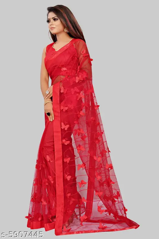 Embellished net saree with separate blouse piece, free size, India-made soft net fabric