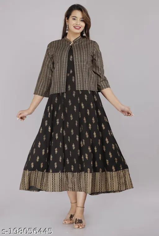 Rayon printed Anarkali Kurta & Jacket, three-quarter sleeves, ideal for daily wear & special occasions. Women's fashion accessory from India