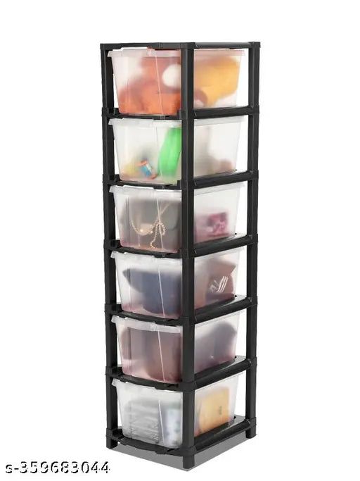 Transparent black plastic drawer organizer system for storage of clothes, toys, shoes etc with 6 layers, suitable for home organization