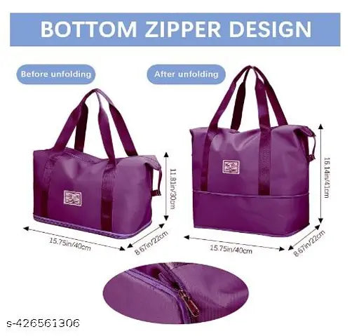 Purple foldable travel duffel bag with 3 compartments, lightweight waterproof carry luggage. Perfect for short trips or weekend travels