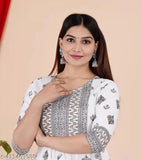 Rayon Anarkali printed kurti with three-quarter sleeves, vibrant Indian design. M size (bust 38in, length 46in), India origin