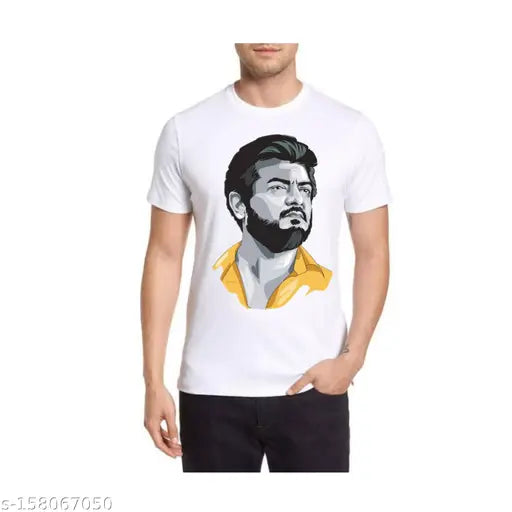 Thala Ajith printed polyester t-shirt, short sleeves, size S-XL on clothing rack (Indian fashion apparel)