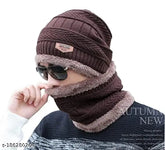 Cotton woolen cap with neck muffler/neckwarmer for men, warm winter accessory from India