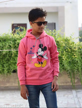 Indian-made kids winter fleece hoodie sweatshirts in cotton blend with printed net pattern, long sleeves and pullover style