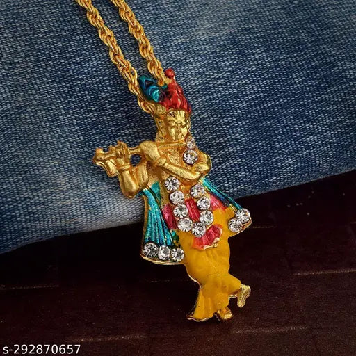 Gold-plated Meenakari Work Krishna Temple Pendant with Chain Locket (40MM x 18MM, 24 inch, 13Gms), multicolor and peacock motif, Indian handcrafted religious jewelry for men & women